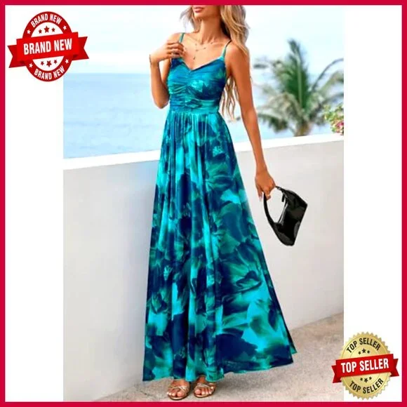 Floral Maxi Dress Boho Spaghetti Strap Mesh Sundress Elegant Party Beach Wear - Picture 6 of 7